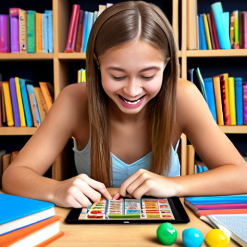 Home 11 **
> A student happily studying English grammar with fun game app on a tablet, surrounded by books and colorful learning materials. Emphasis on the joy of learning and modern, gamified education.
**