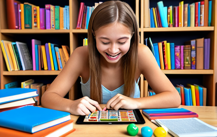 **
> A student happily studying English grammar with fun game app on a tablet, surrounded by books and colorful learning materials. Emphasis on the joy of learning and modern, gamified education.
**