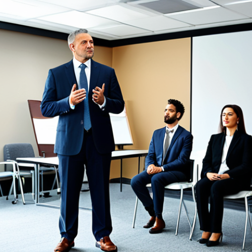 Home 6 A diverse group of professional business executives, fully clothed in modest business suits, are gathered in a bright, contemporary conference room. One executive stands confidently at a podium, delivering an impactful presentation with clear and persuasive communication, while others actively listen and engage. The atmosphere is collaborative and highly professional. Perfect anatomy, correct proportions, natural poses, well-formed hands, proper finger count, natural body proportions. Safe for work, appropriate content, fully clothed, professional, family-friendly, high-quality photograph, realistic rendering.