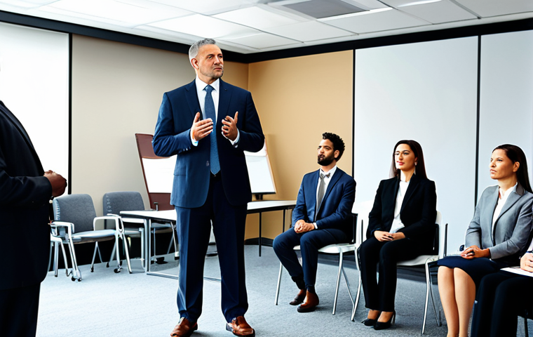 A diverse group of professional business executives, fully clothed in modest business suits, are gathered in a bright, contemporary conference room. One executive stands confidently at a podium, delivering an impactful presentation with clear and persuasive communication, while others actively listen and engage. The atmosphere is collaborative and highly professional. Perfect anatomy, correct proportions, natural poses, well-formed hands, proper finger count, natural body proportions. Safe for work, appropriate content, fully clothed, professional, family-friendly, high-quality photograph, realistic rendering.