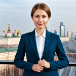 **

A professional woman, perhaps a lawyer or business executive, standing in a modern Moscow office. She is wearing a modest, well-tailored business suit, fully clothed and appropriate attire. The background includes a cityscape view of Moscow. Perfect anatomy, correct proportions, well-formed hands, proper finger count, natural pose. Safe for work, appropriate content, family-friendly. Professional photography, high quality.

**