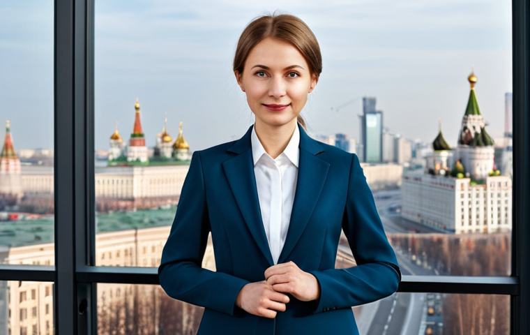 **
A professional woman, perhaps a lawyer or business executive, standing in a modern Moscow office. She is wearing a modest, well-tailored business suit, fully clothed and appropriate attire. The background includes a cityscape view of Moscow. Perfect anatomy, correct proportions, well-formed hands, proper finger count, natural pose. Safe for work, appropriate content, family-friendly. Professional photography, high quality.
**