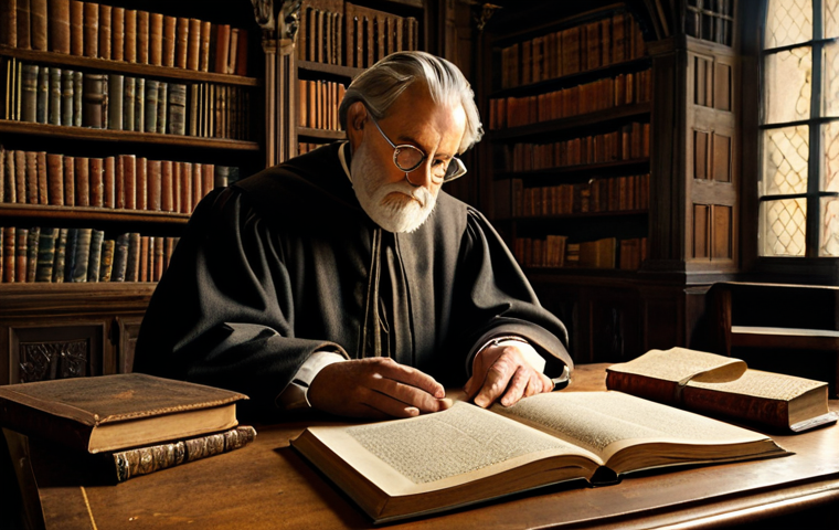 고대 영어 특징 - **Image Prompt:** "A scholar in a cozy study, surrounded by ancient books and manuscripts in Old Eng...