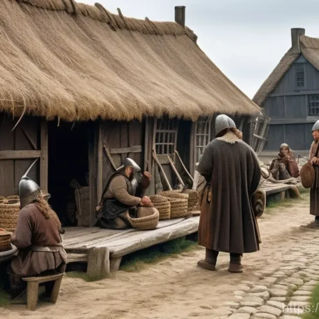현대 영어의 확립 - **Medieval Linguistic Exchange:** A vibrant scene in a 9th-century Anglo-Saxon coastal village. A st...