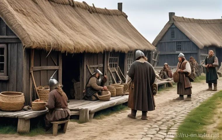 현대 영어의 확립 - **Medieval Linguistic Exchange:** A vibrant scene in a 9th-century Anglo-Saxon coastal village. A st...