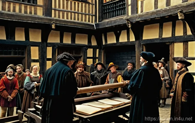 현대 영어의 확립 - **Norman Court and English Commoner:** Inside a majestic, stone-walled Norman castle hall in 12th-ce...