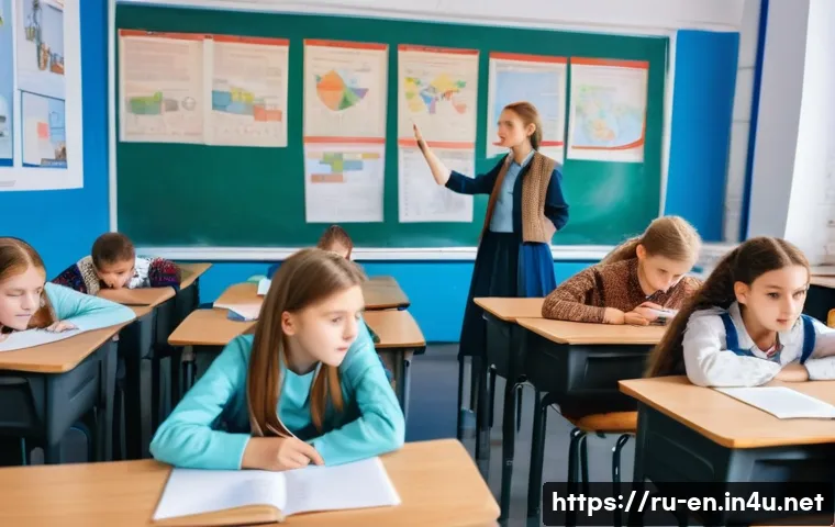 시제별 영어 문장 구조 - A cozy classroom scene featuring a diverse group of Russian students, aged around 15-18, attentively...