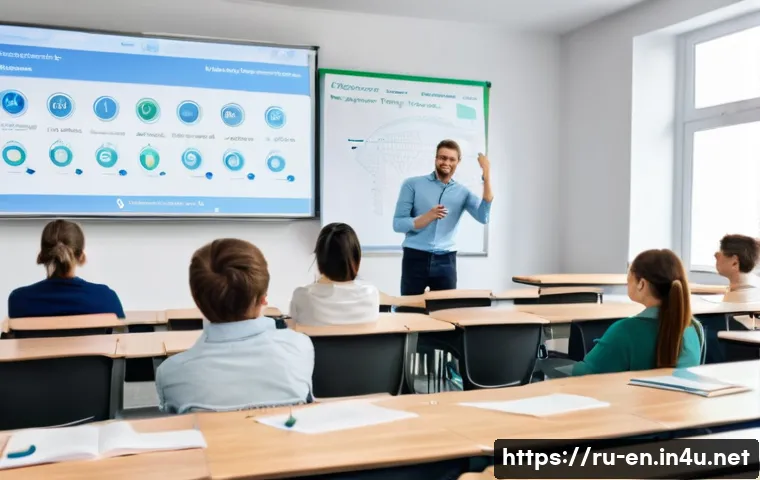 영어 공부에서 흔한 실수 - A detailed classroom scene showing a diverse group of adult Russian-speaking students attentively le...