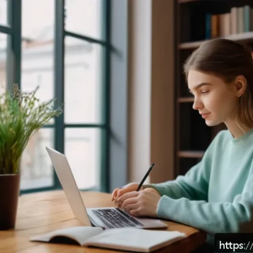Home 31 유튜브 영어 학습 채널 - A cozy home study scene showing a young Russian woman sitting at a desk with a laptop open to an Eng...