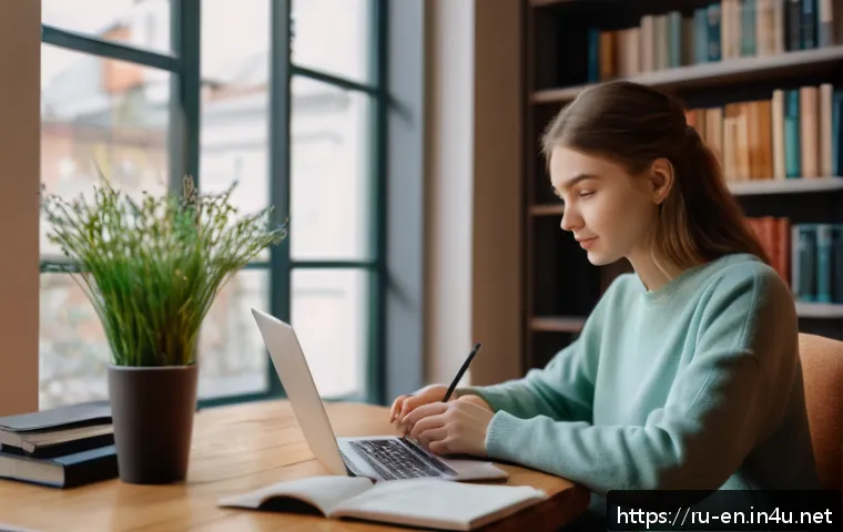 유튜브 영어 학습 채널 - A cozy home study scene showing a young Russian woman sitting at a desk with a laptop open to an Eng...