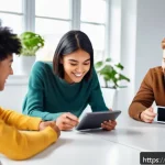 Home 23 영어 코칭 프로그램 추천 - A modern digital classroom scene featuring diverse young adults engaged with interactive language le...