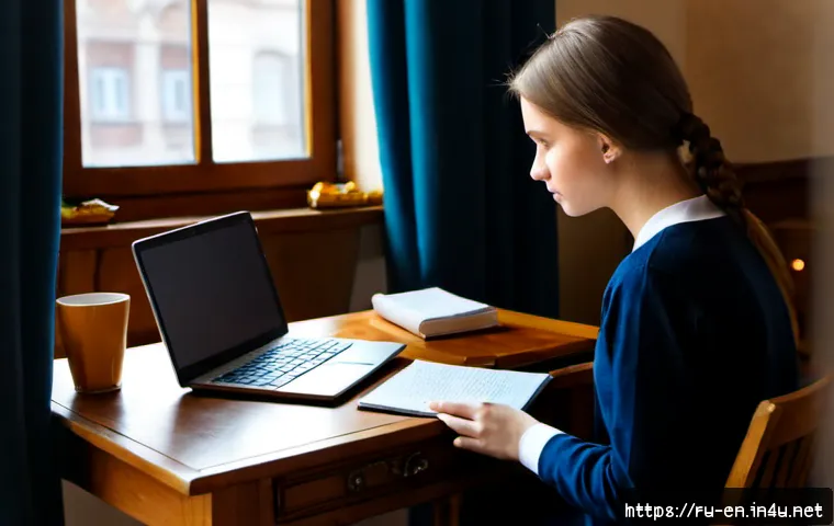 영어 작문 능력 향상법 - Photorealistic scene of a Russian university student improving English writing at a tidy wooden desk...