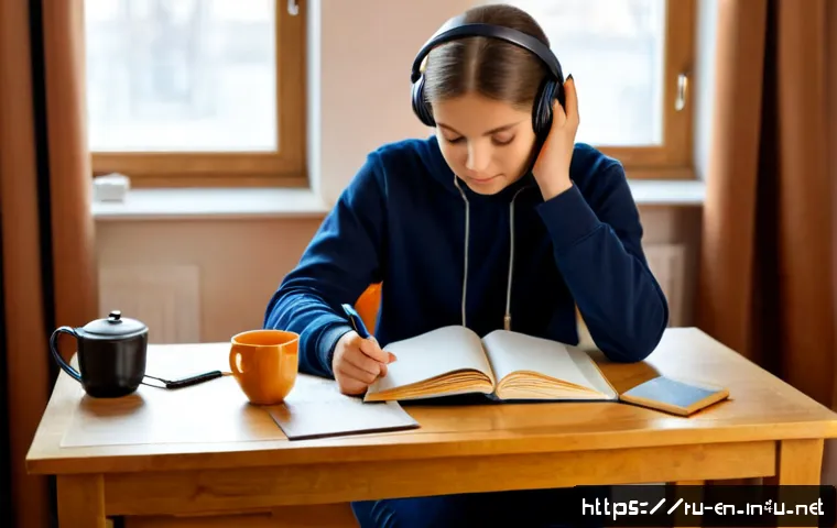 영어 초보자를 위한 학습법 - Photorealistic cozy home study scene for a Russian-speaking English beginner: a young adult seated a...