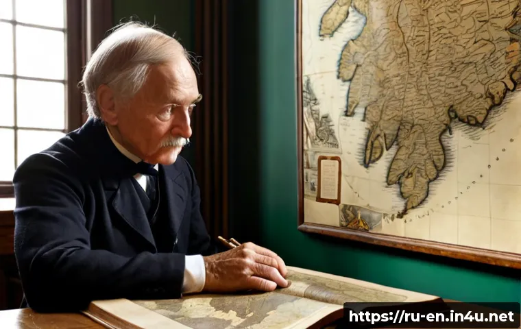 Home 17 영어 방언의 역사 - Photorealistic historical scene in a 19th-century Russian university library, elderly linguist and y...